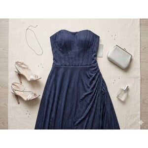 Womens Navy New Metallic Glitter Corset Strapless  Dress